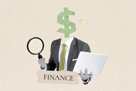 Finance word, dollar sign head businessman remix